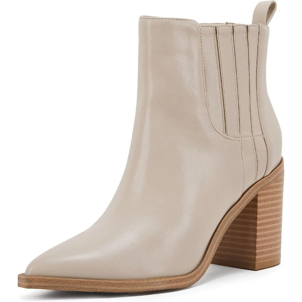 Women Nude Faux Leather Slip on Pointed Toe Chunky Block Mid Heel Booties